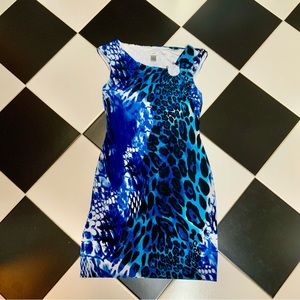 Vintage Y2K Caché Blue Animal Print Bodycon Mini Dress Sleeveless Scoop Neck 10